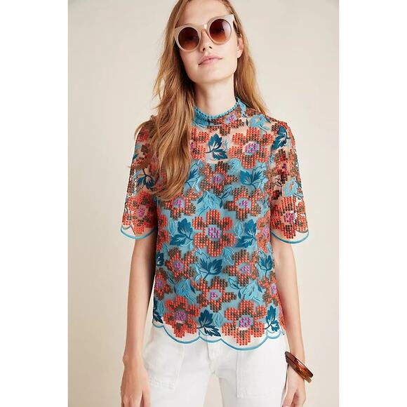 Anthropologie Sz 4 Blue Red Multi Floral Lace Callaway Short Sleeve Swing Blouse - Picture 1 of 6